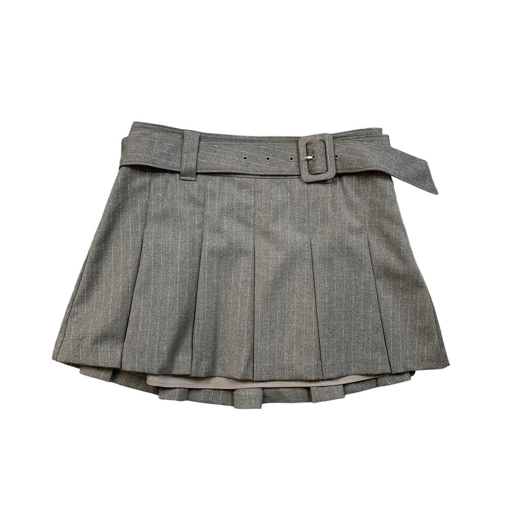 Cinq a Sept 5a7 Skirt Womens 6 Gray Pleated Metallic Pinstripe Belted Waist